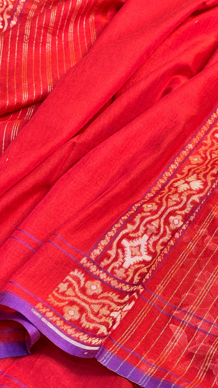 Saffron Maroon Pure Banarasi cotton Jamdani handloom Saree