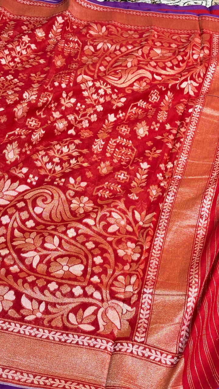Crimson Red Pure Banarasi cotton Jamdani handloom Saree