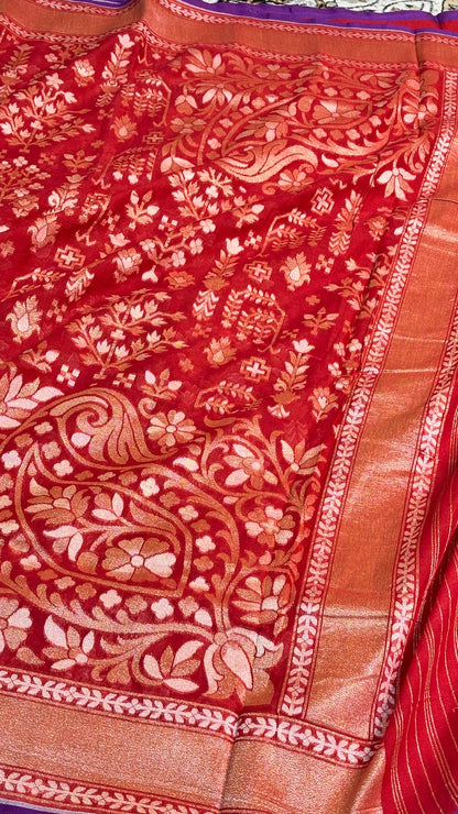Crimson Red Pure Banarasi cotton Jamdani handloom Saree