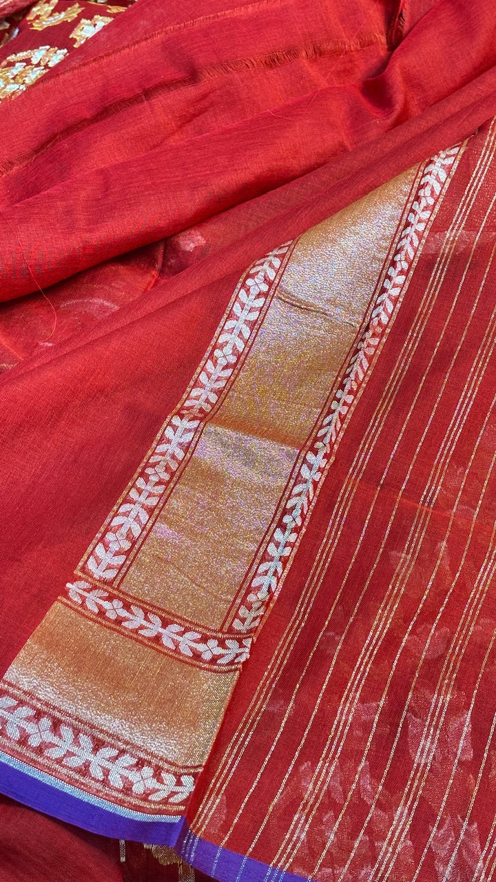 Crimson Red Pure Banarasi cotton Jamdani handloom Saree