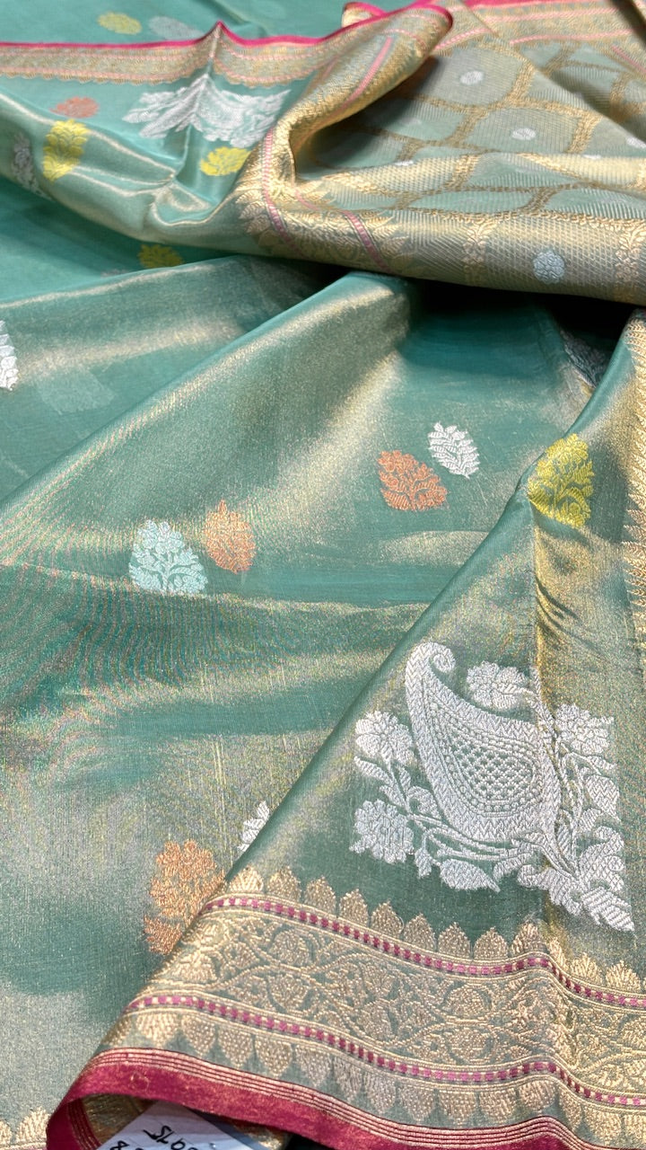 Sage Green Tissue Banarasi Silk Handwoven Saree