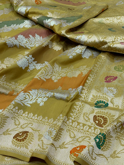 Mehndi Yellow Banarasi Pure Katan Silk Rangkaat Handwoven Saree