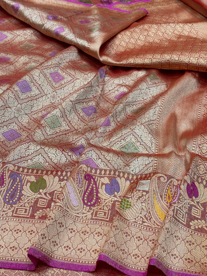 Rust Gold Banarasi Tissue Silk Handwoven Saree