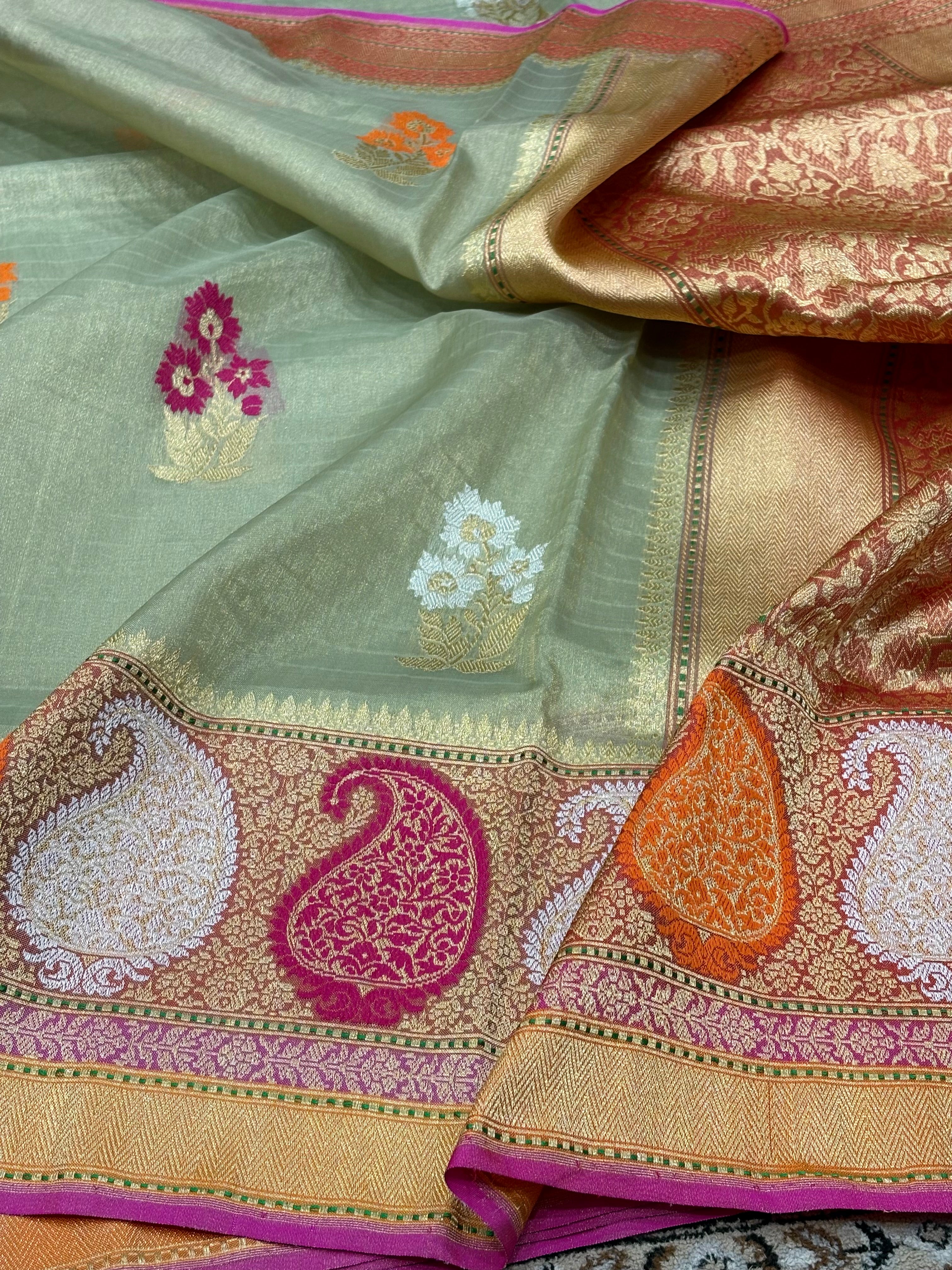 Light Mint Green Banarasi Tissue Silk Handwoven Saree