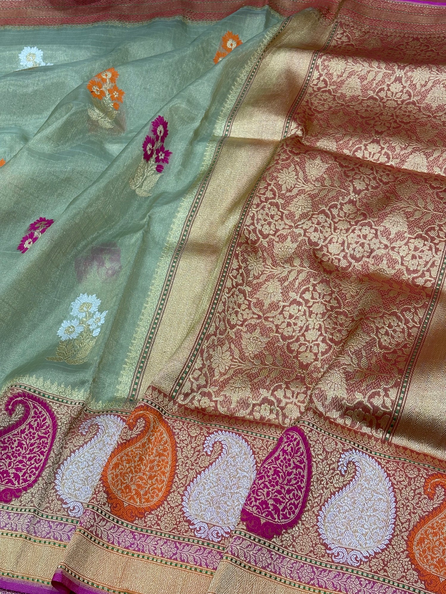 Light Mint Green Banarasi Tissue Silk Handwoven Saree