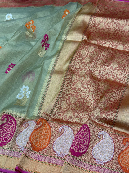 Light Mint Green Banarasi Tissue Silk Handwoven Saree