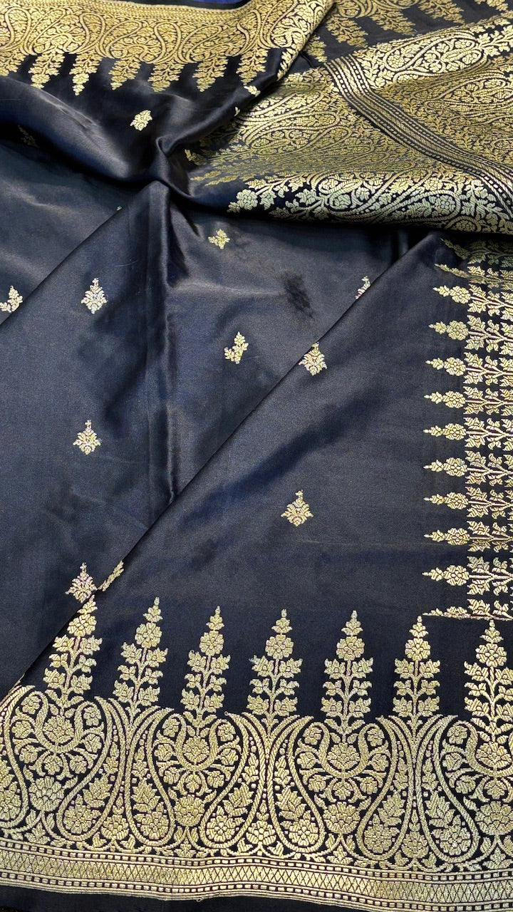 Black Pure Satin Silk Handwoven Banarasi Saree