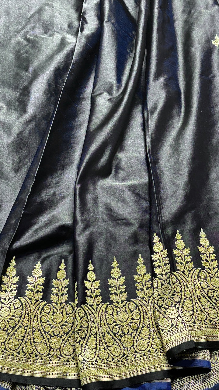 Black Pure Satin Silk Handwoven Banarasi Saree