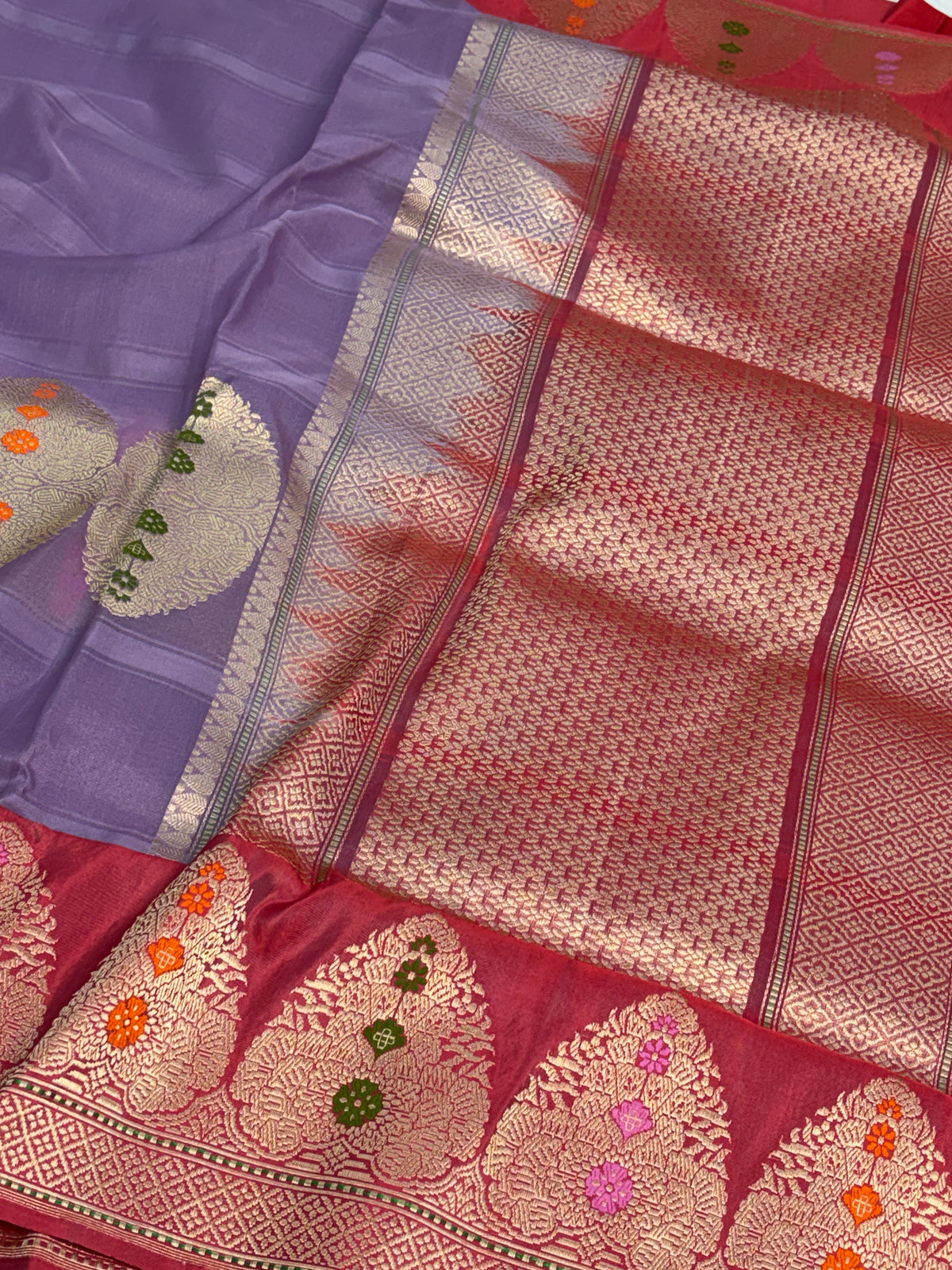 Lavender Handwoven Pure Banarasi Kota Silk Saree with Kadhiyal Border