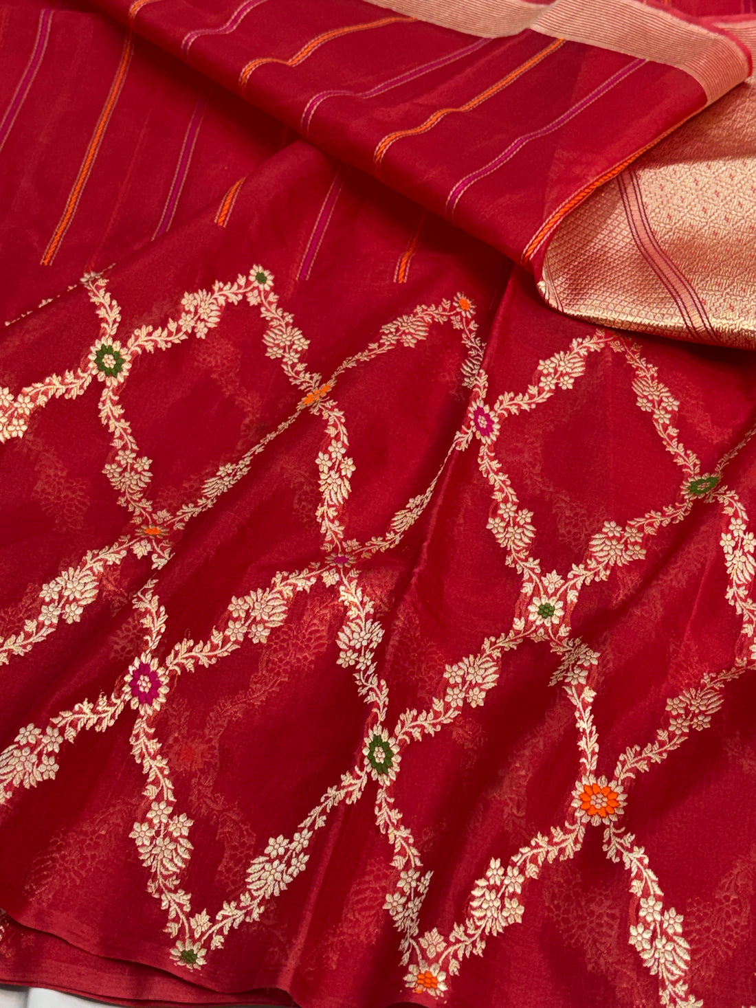 Red Handwoven Pure Banarasi Kora Silk Saree with Jaal Border