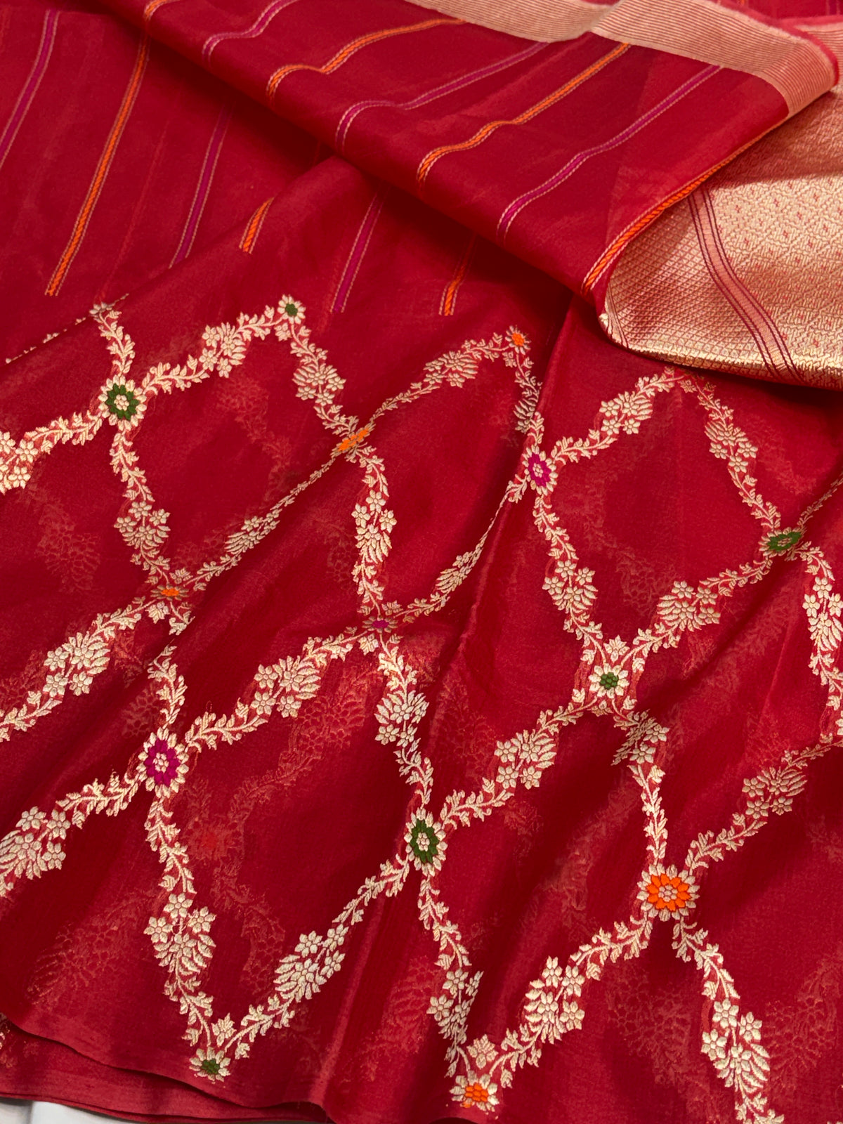 Red Handwoven Pure Banarasi Kora Silk Saree with Jaal Border