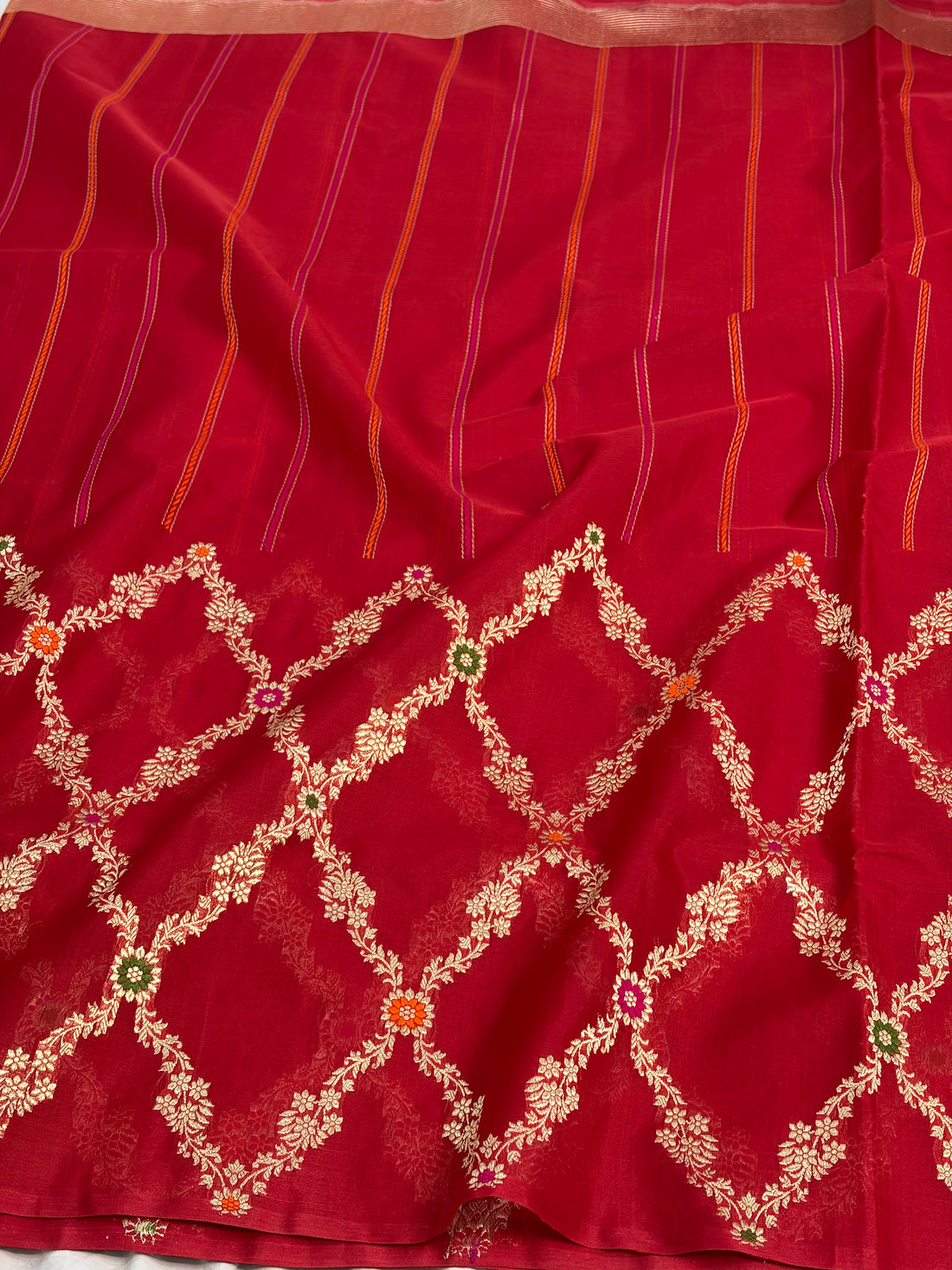Red Handwoven Pure Banarasi Kora Silk Saree with Jaal Border
