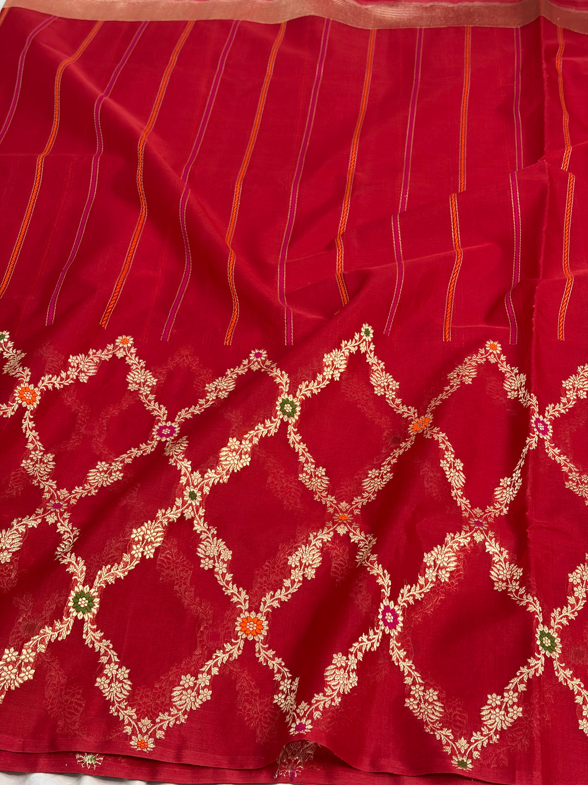 Red Handwoven Pure Banarasi Kora Silk Saree with Jaal Border