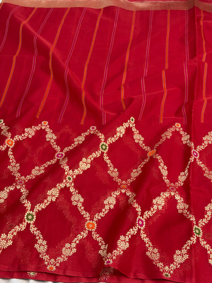 Red Handwoven Pure Banarasi Kora Silk Saree with Jaal Border