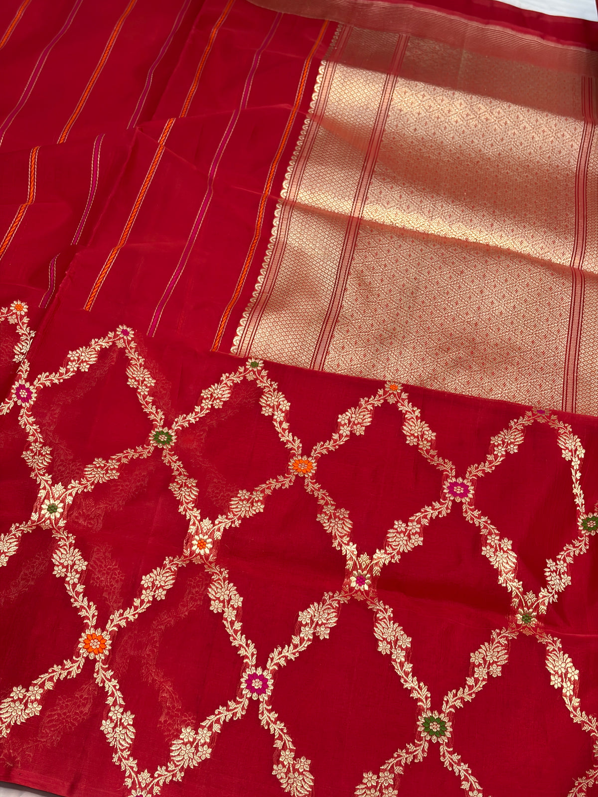 Red Handwoven Pure Banarasi Kora Silk Saree with Jaal Border