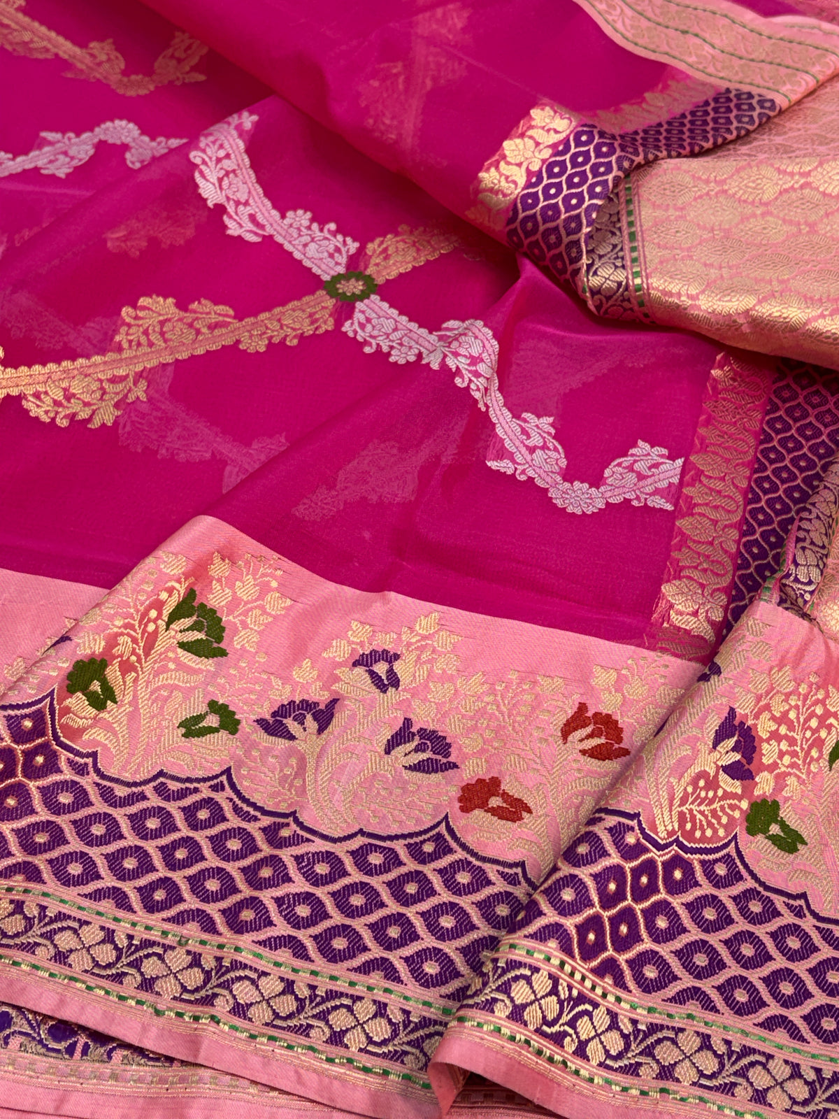 Rani Pink Handwoven Pure Banarasi Kora Silk Saree with Baby Pink Kadhiyal Border