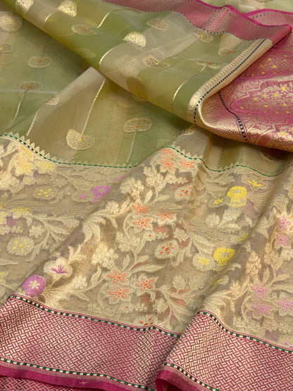Handwoven Pure Banarasi Kora Silk Saree with Jaal Skirt Work