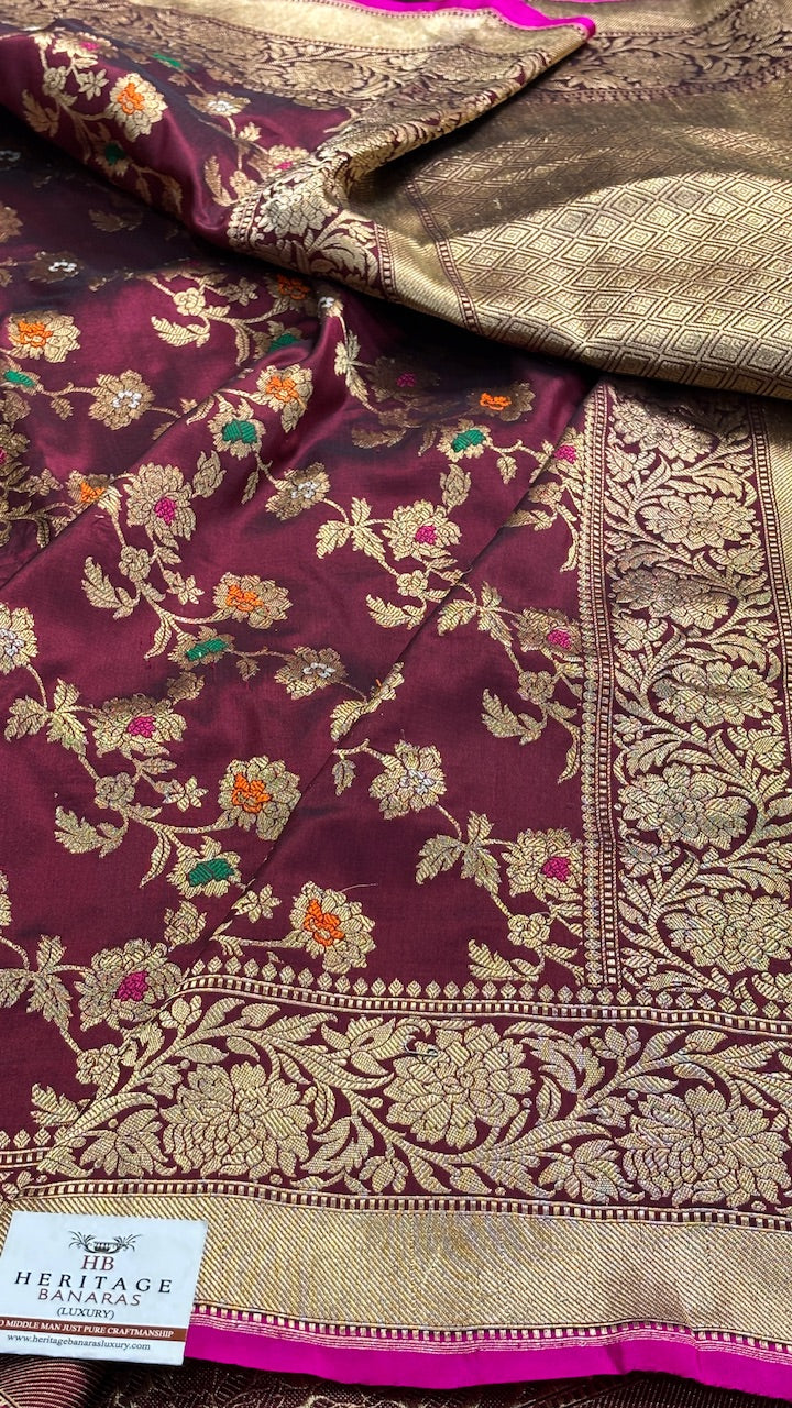 Wine Pure Banarasi Rangkaat Silk Handloom Saree