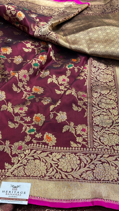 Wine Pure Banarasi Rangkaat Silk Handloom Saree