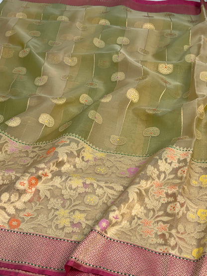 Handwoven Pure Banarasi Kora Silk Saree with Jaal Skirt Work