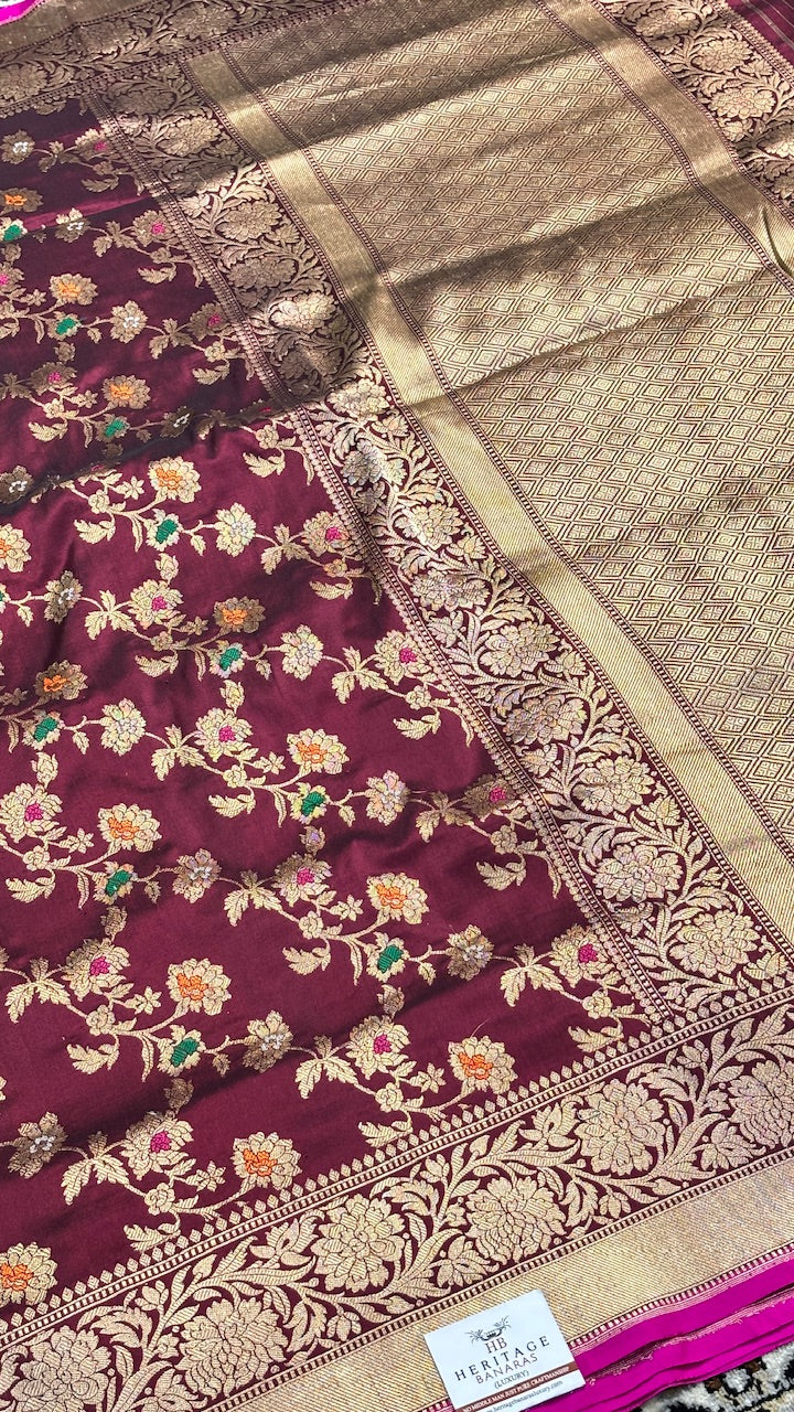 Wine Pure Banarasi Rangkaat Silk Handloom Saree
