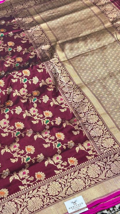 Wine Pure Banarasi Rangkaat Silk Handloom Saree