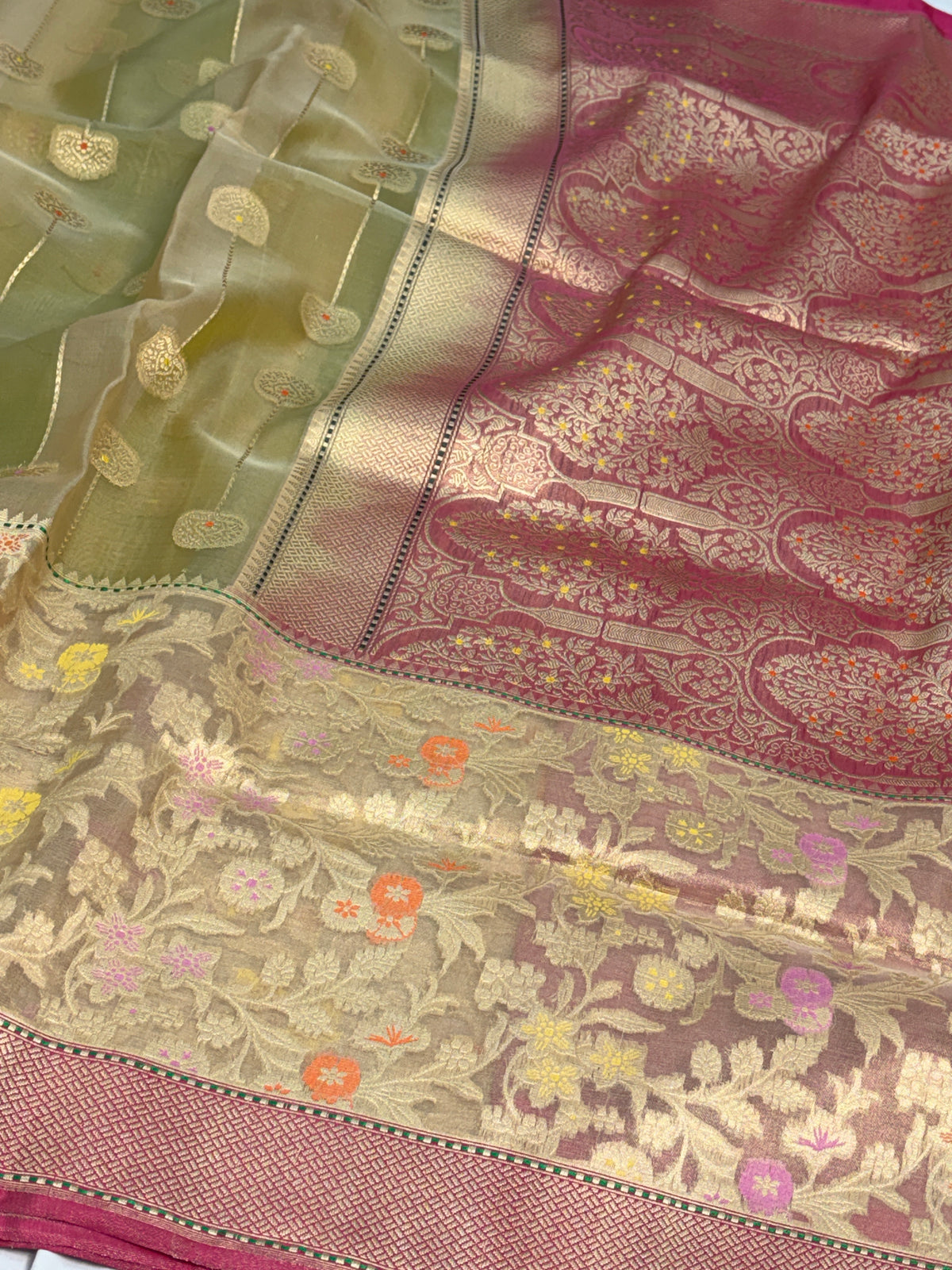 Handwoven Pure Banarasi Kora Silk Saree with Jaal Skirt Work