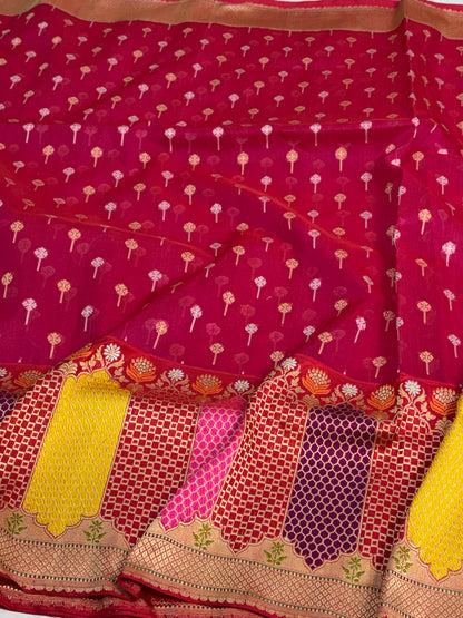 Rani Pink Handwoven Pure Banarasi Kora Silk Saree with Rangkat Border