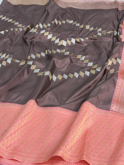 Deep taupe brown handwoven pure Banarasi EKTARA silk saree