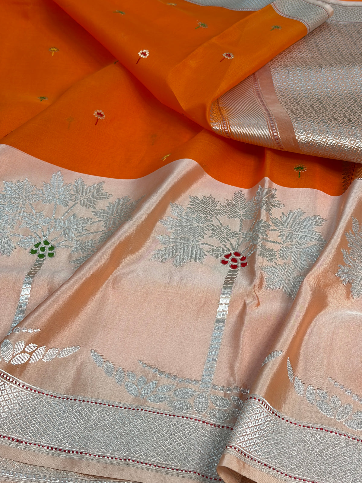 Fanta Orange Handwoven Pure Banarasi Kora Silk Saree with Kadhiyal Border