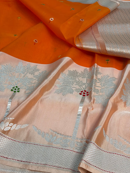 Fanta Orange Handwoven Pure Banarasi Kora Silk Saree with Kadhiyal Border