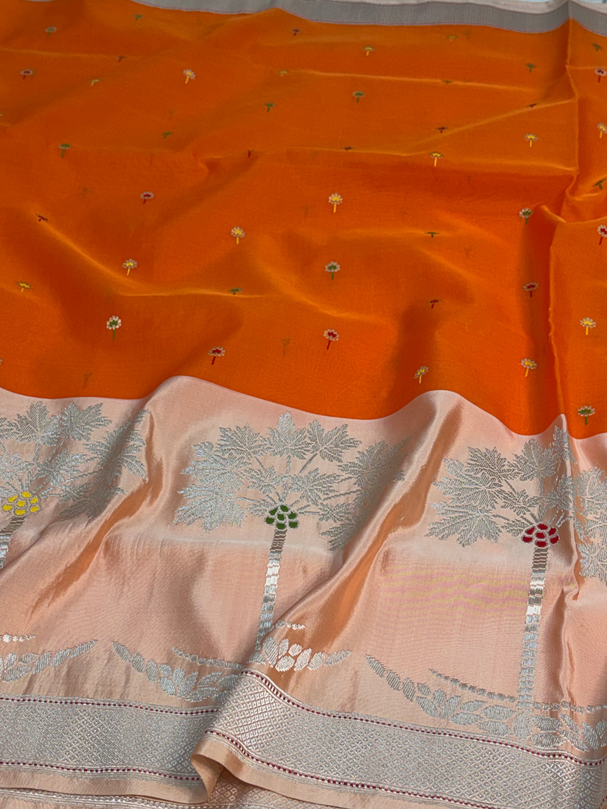 Fanta Orange Handwoven Pure Banarasi Kora Silk Saree with Kadhiyal Border