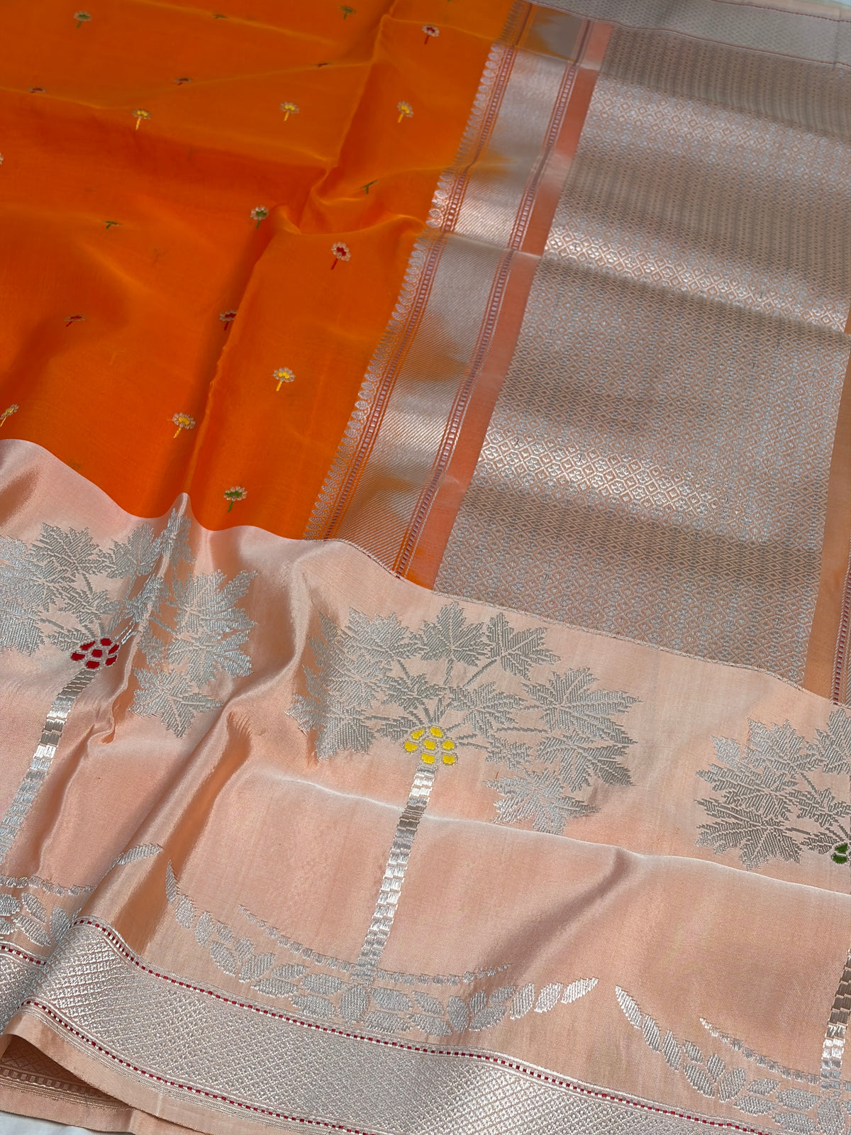 Fanta Orange Handwoven Pure Banarasi Kora Silk Saree with Kadhiyal Border