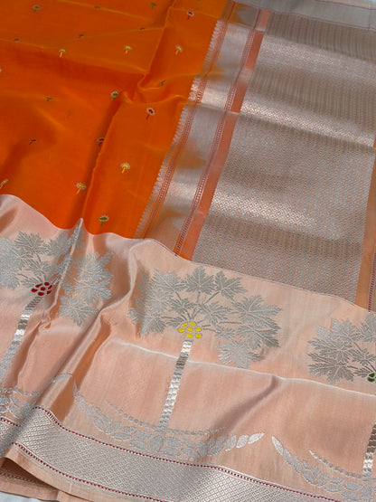 Fanta Orange Handwoven Pure Banarasi Kora Silk Saree with Kadhiyal Border