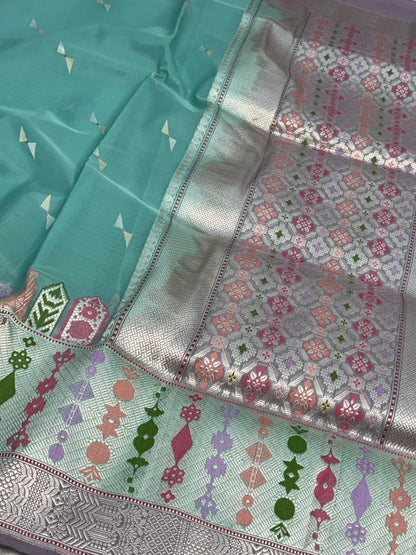Sea Green Handwoven Pure Banarasi Kora Silk Saree with Kadhiyal Border