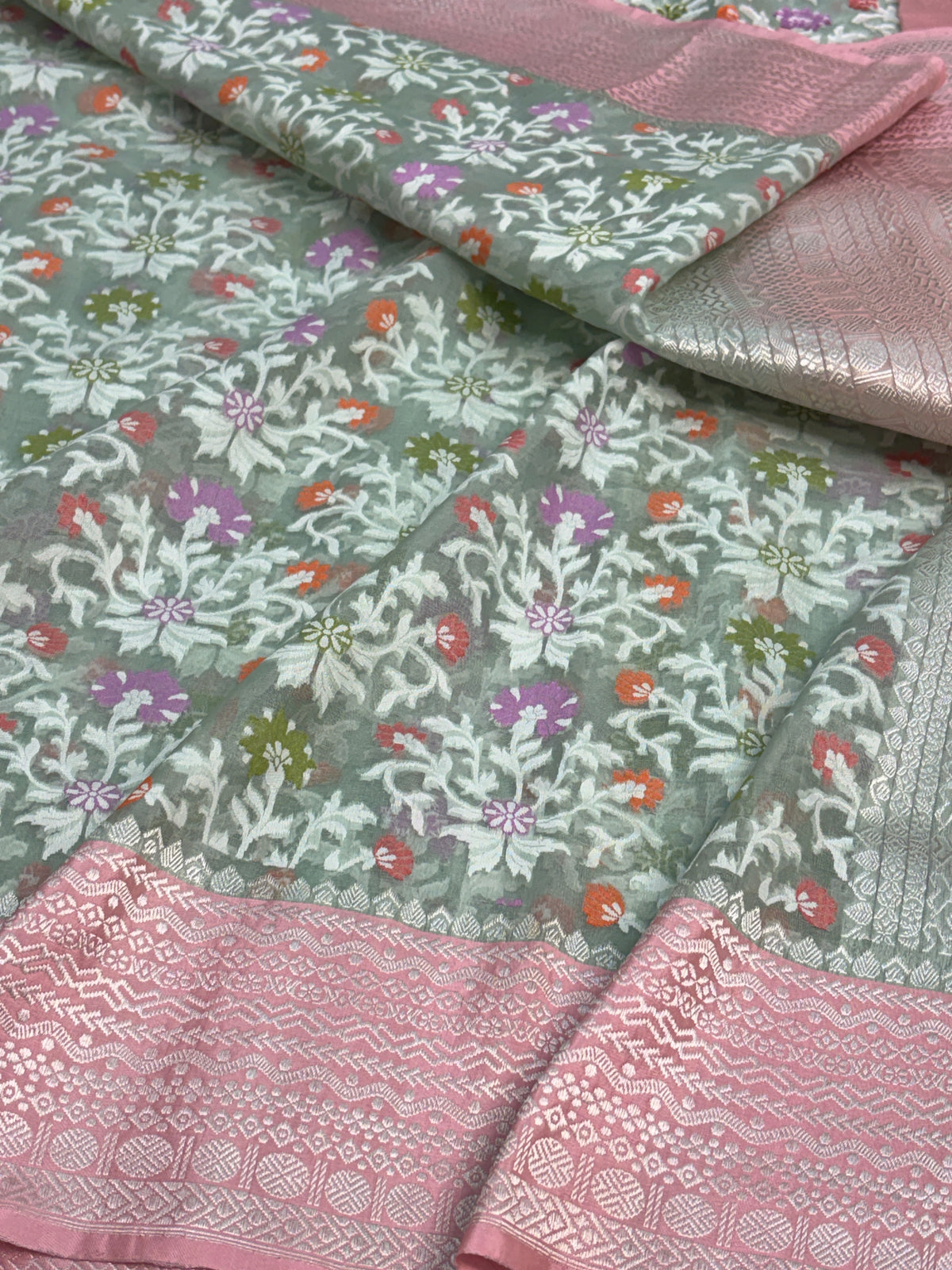 Sea Green Handwoven Pure Banarasi Cotton Jamdani Saree with Baby Pink Kadhiyal Border