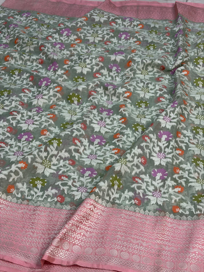 Sea Green Handwoven Pure Banarasi Cotton Jamdani Saree with Baby Pink Kadhiyal Border