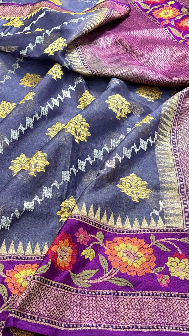 Violet Blue Banarasi Kora Silk Handwoven Saree
