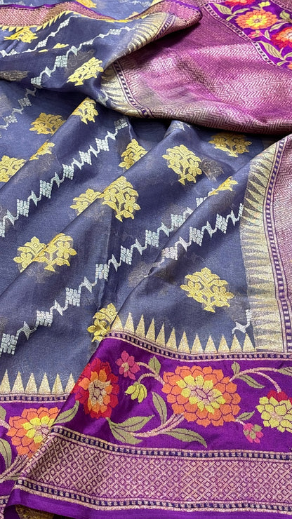 Violet Blue Banarasi Kora Silk Handwoven Saree
