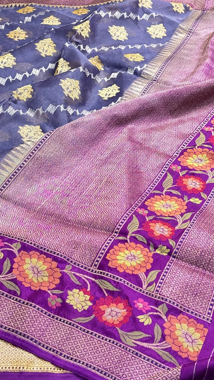 Violet Blue Banarasi Kora Silk Handwoven Saree