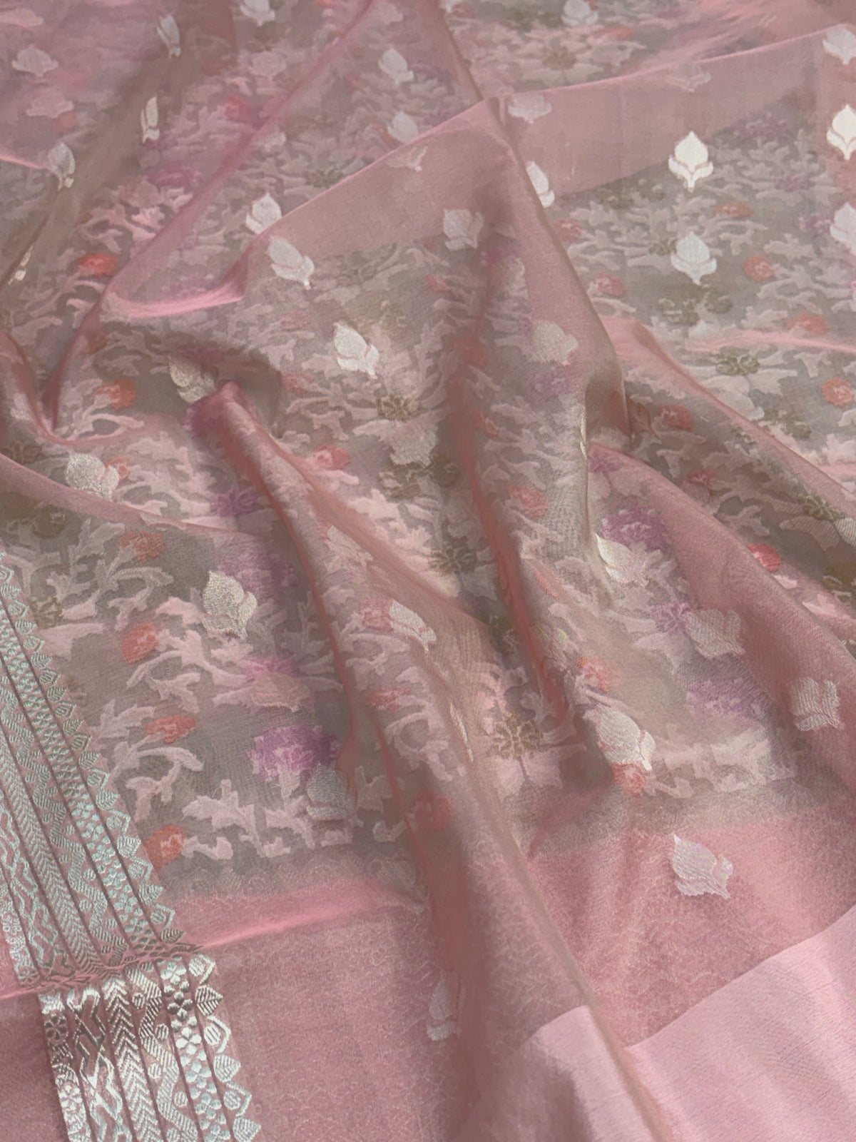 Sea Green Handwoven Pure Banarasi Cotton Jamdani Saree with Baby Pink Kadhiyal Border