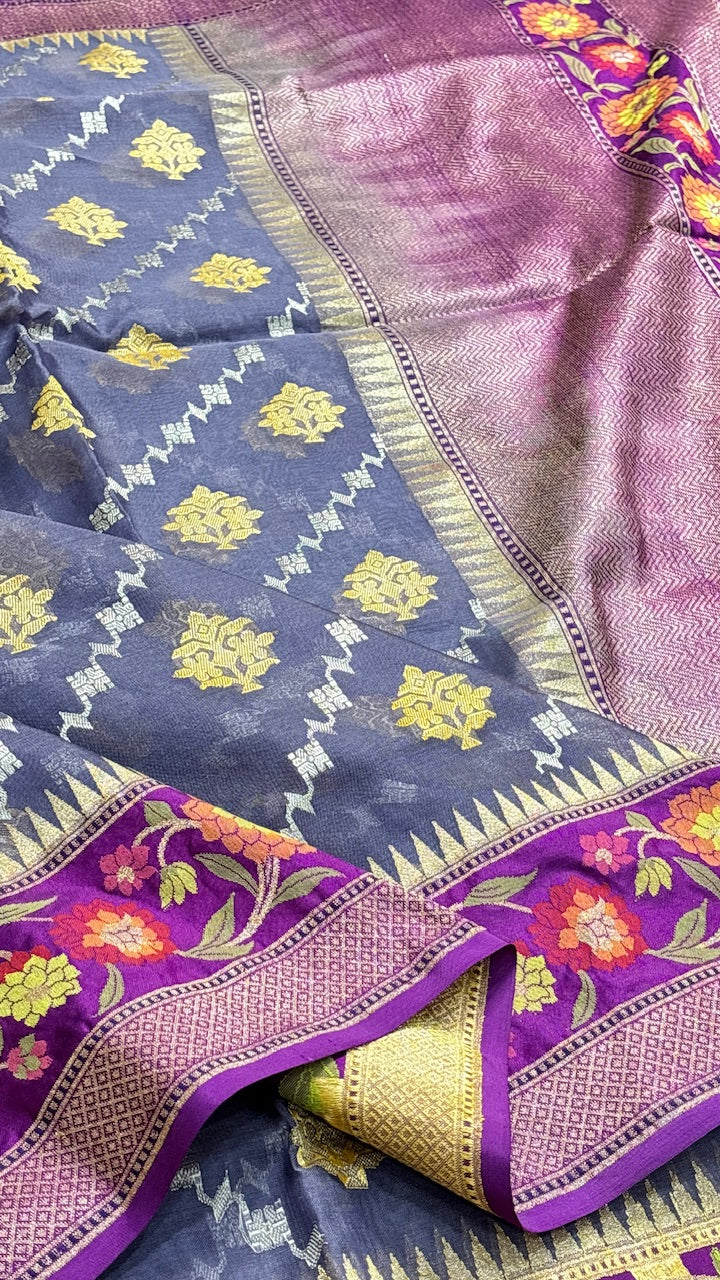 Violet Blue Banarasi Kora Silk Handwoven Saree