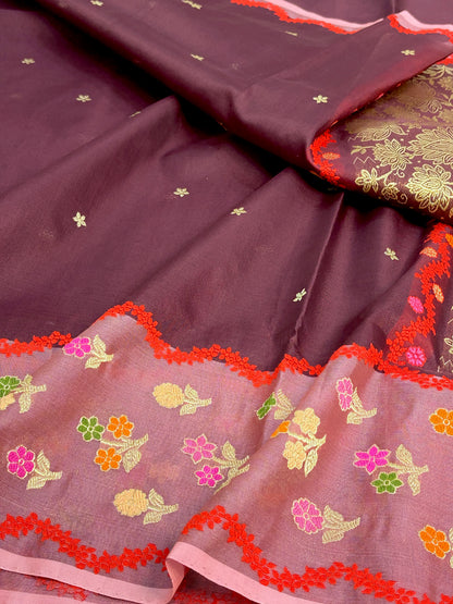 Brown Handwoven Pure Banarasi Kora Silk Saree with Peach Kadhiyal Border