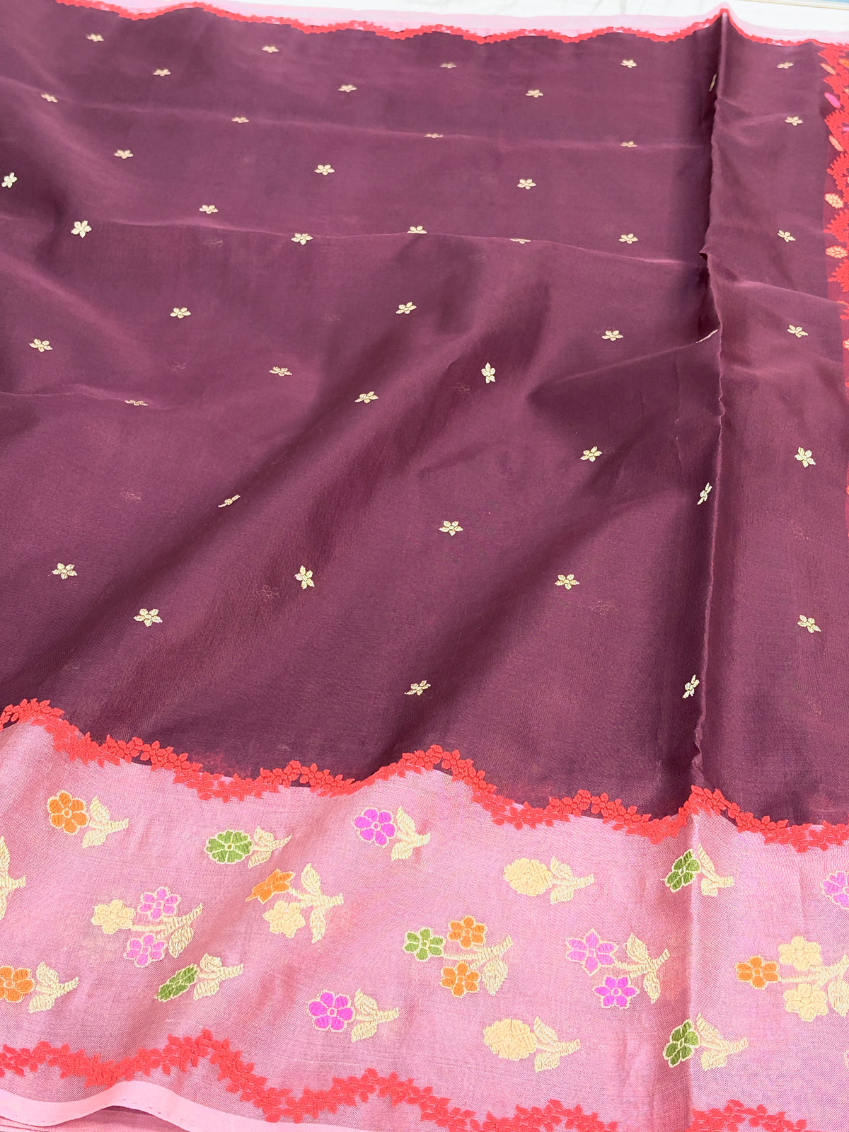 Brown Handwoven Pure Banarasi Kora Silk Saree with Peach Kadhiyal Border