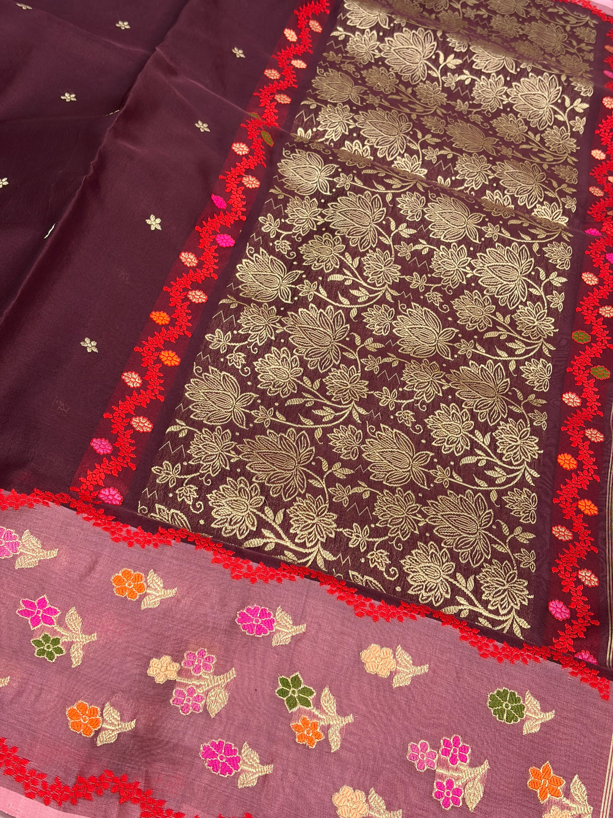 Brown Handwoven Pure Banarasi Kora Silk Saree with Peach Kadhiyal Border
