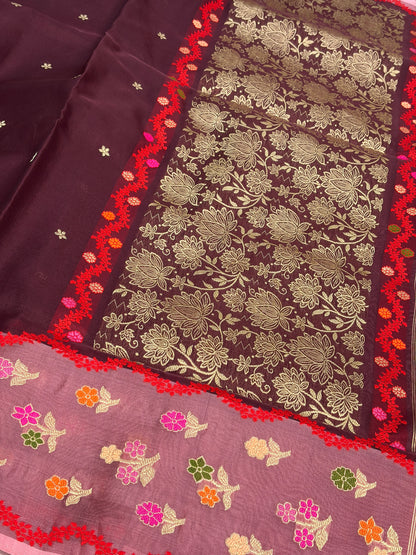 Brown Handwoven Pure Banarasi Kora Silk Saree with Peach Kadhiyal Border