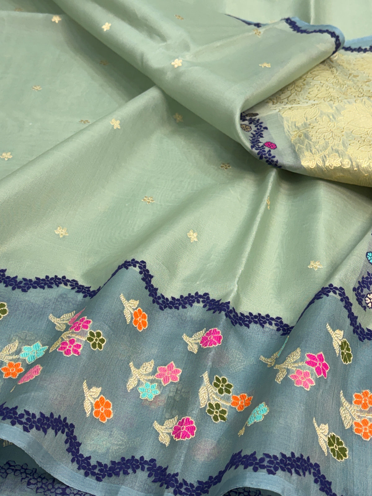 Sea Green Handwoven Pure Banarasi Kora Silk Saree with Sage Grey Border