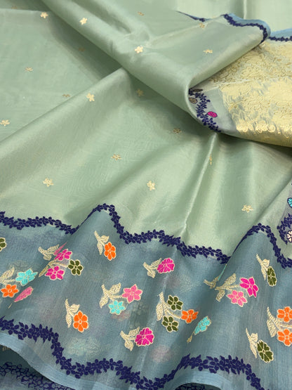 Sea Green Handwoven Pure Banarasi Kora Silk Saree with Sage Grey Border