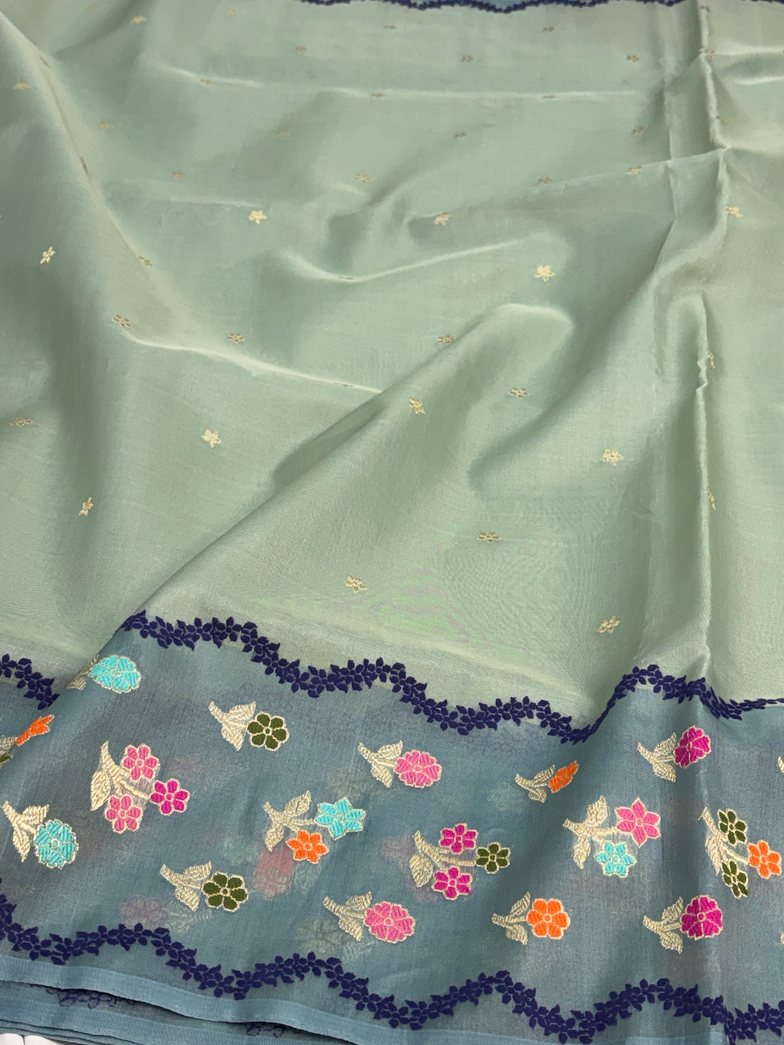 Sea Green Handwoven Pure Banarasi Kora Silk Saree with Sage Grey Border