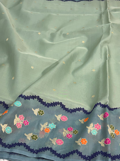 Sea Green Handwoven Pure Banarasi Kora Silk Saree with Sage Grey Border